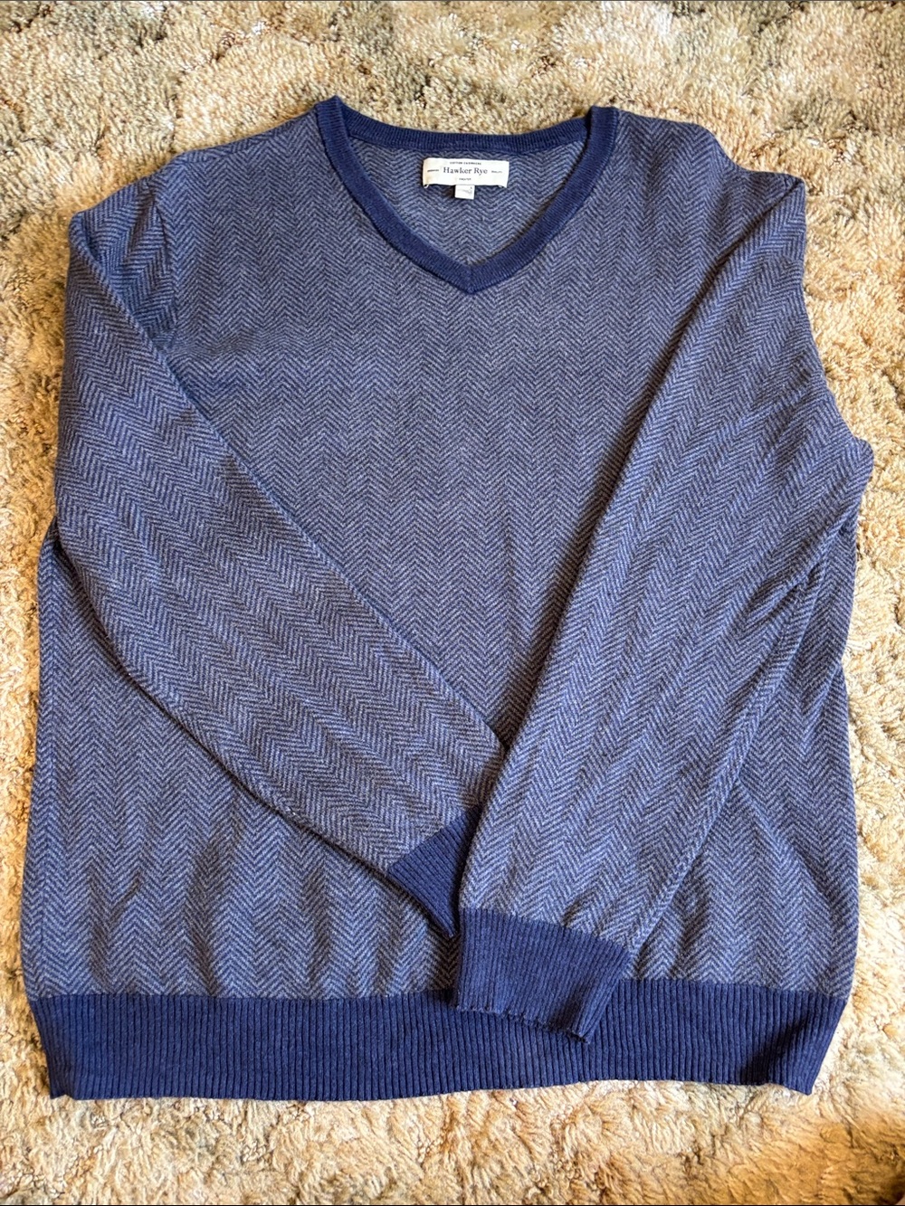 Men's Vintage Navy V-Neck Herringbone Sweater